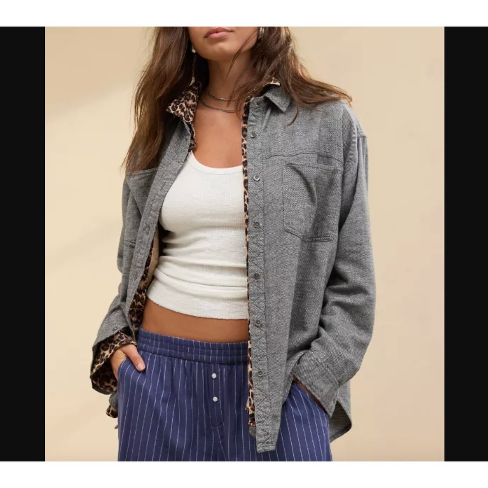 Aerie Sz XS Anytime Fave Twill Shirt Shacket Oversized 100% Cotton Gray Cozy